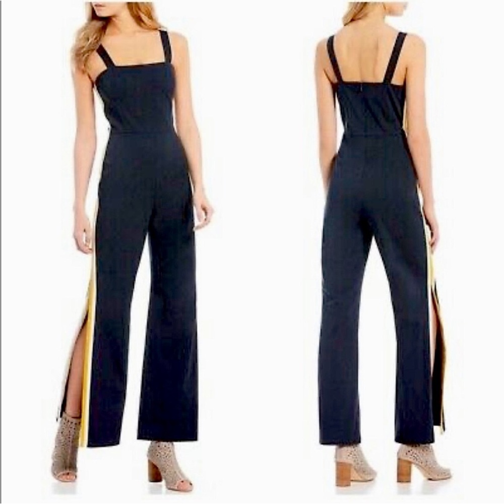 NWOT Gianni Bini Navy Blue Jumpsuit with Yellow Gold and White Leg Stripes Detai
